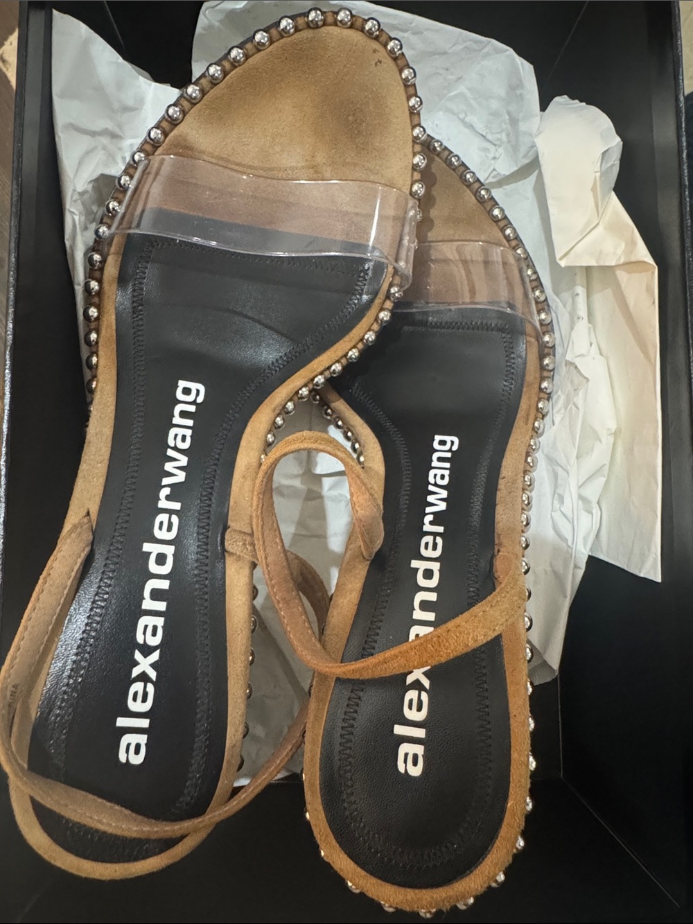Alexander Wang Tan Suede Sandals with Clear Strap and Stud Trim - Picture 3 of 7